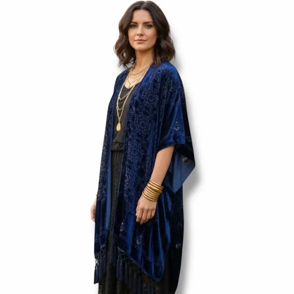 Sapphire Navy Blue Long Fringe Velvet Kimono Jacket OS NWT